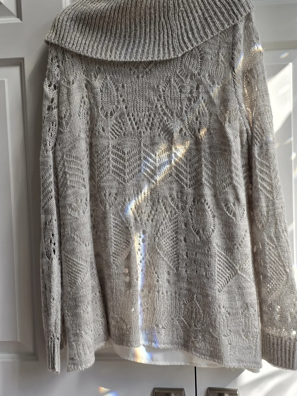 Open-Knit Cowl Neck Sweater - Silver/Gray